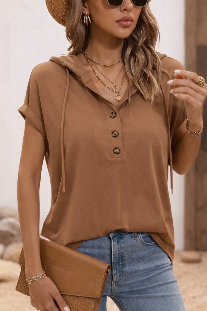 Kadın Kısa Kollu Kapşonlu Bağcıklı Vizon Viskon Bluz , 31818