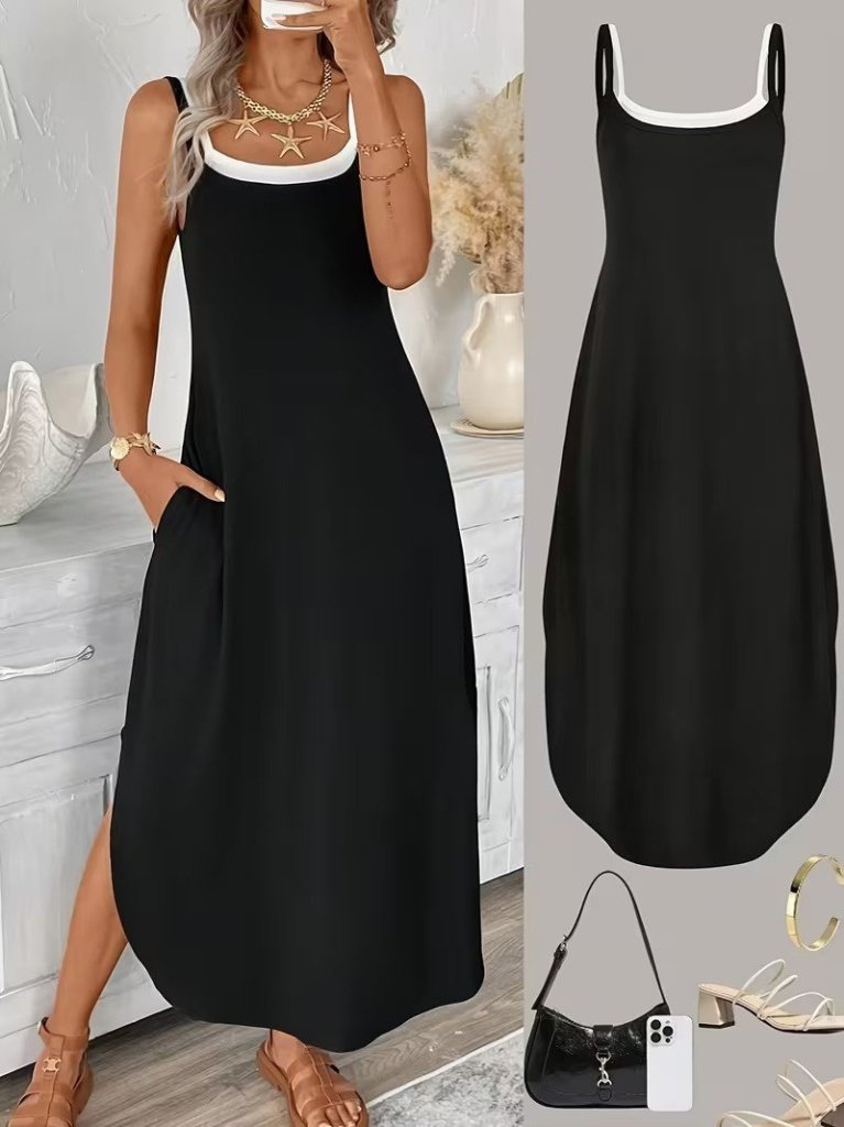 Kadın Ip Askılı Yuvarlak Yakalı Cepli Uzun Viskon Elbise , 31840