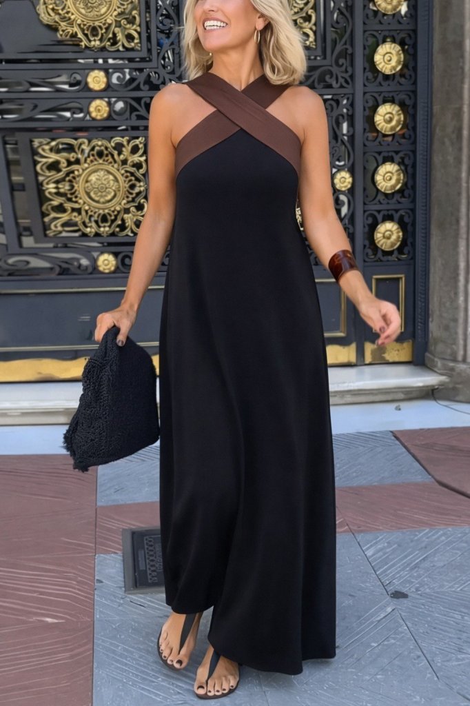 Kadın önden çapraz Detaylı Iki Renkli Uzun Viskon Elbise , 31848