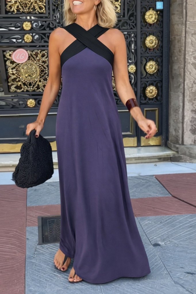 Kadın önden çapraz Detaylı Iki Renkli Uzun Viskon Elbise , 31850