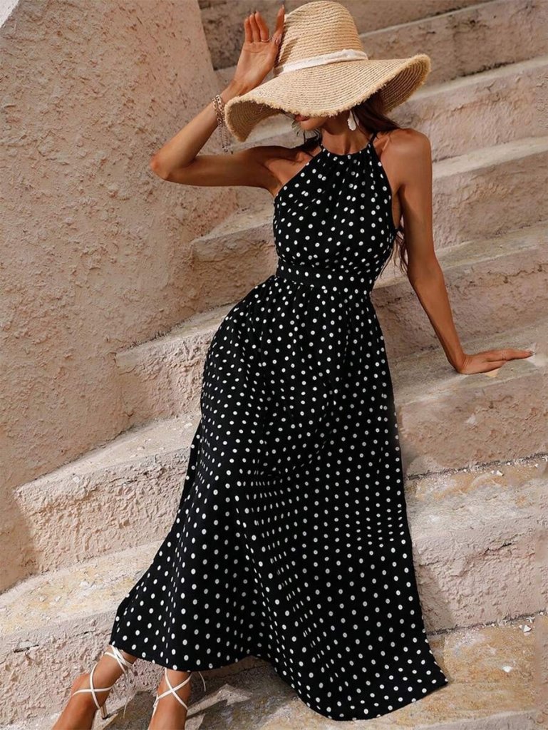 Kadın Omuzlardan Açık Boyundan Bağlamalı Puantiyeli Uzun örme Krep Elbise , 31852