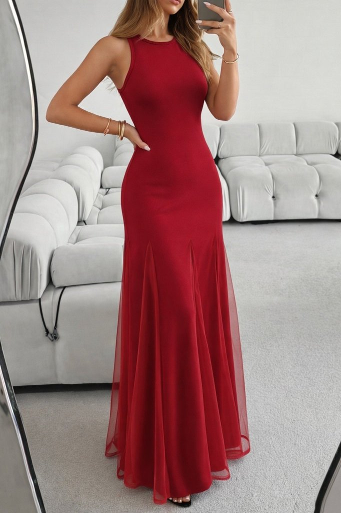 Kadın Askılı Bisiklet Yaka Etek Ucu Tül Detaylı Asimetrik Kiloş Uzun Ithal Krep Elbise , 31864