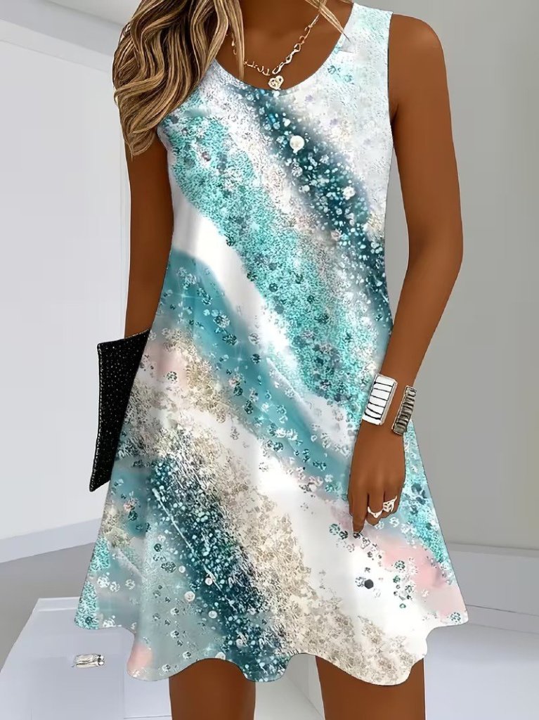 Kadın Askılı Yuvarlak Yakalı Desenli Kısa Süprem Elbise , 31872