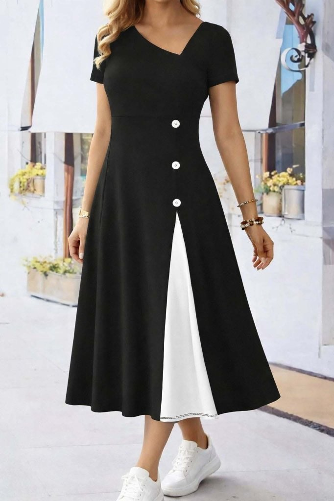 Kadın Kısa Kollu Asimetrik Yakalı Düğme Detaylı Midi Viskon Elbise , 31890