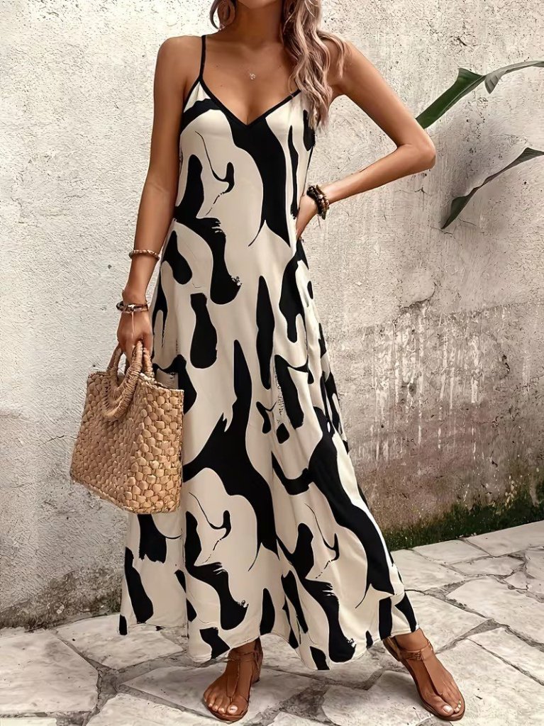 Kadın Ip Askılı V Yakalı Desenli Uzun Süprem Elbise , 31907