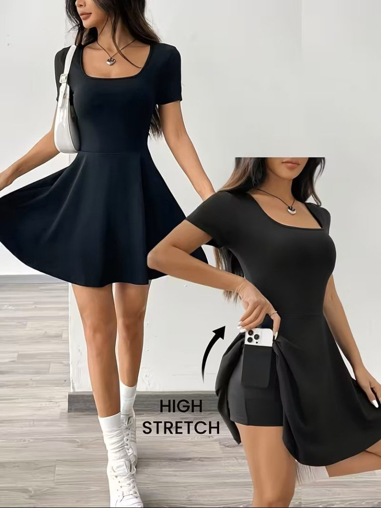 Kadın Kısa Kollu Kare Yakalı Cep Detaylı Dalgıç Elbise Tulum, 31914