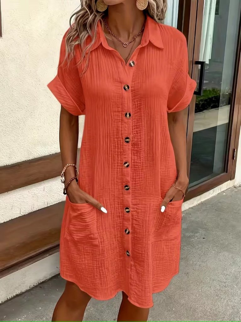 Kadın Kısa Kollu önden Düğmeli Cep Detaylı Mini Bürümcük Elbise , 31929