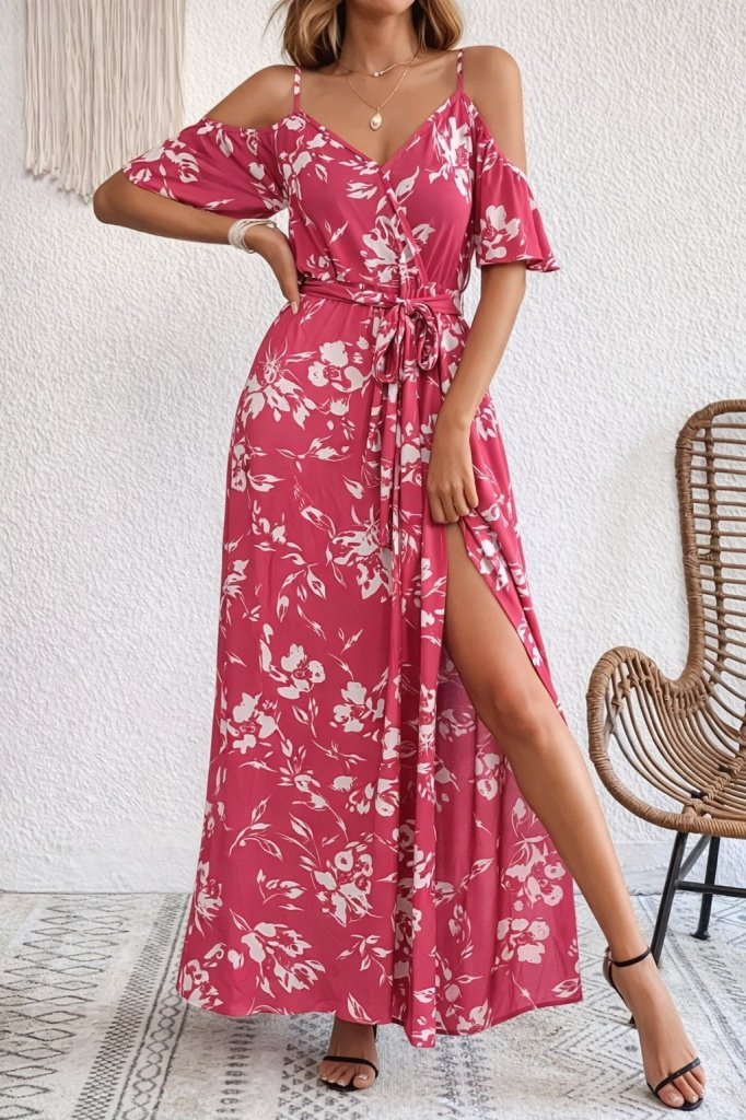 Kadın Ip Askılı Kısa Kollu Kruvaze Yakalı Yırtmaçlı Desenli Süprem Elbise, 31942