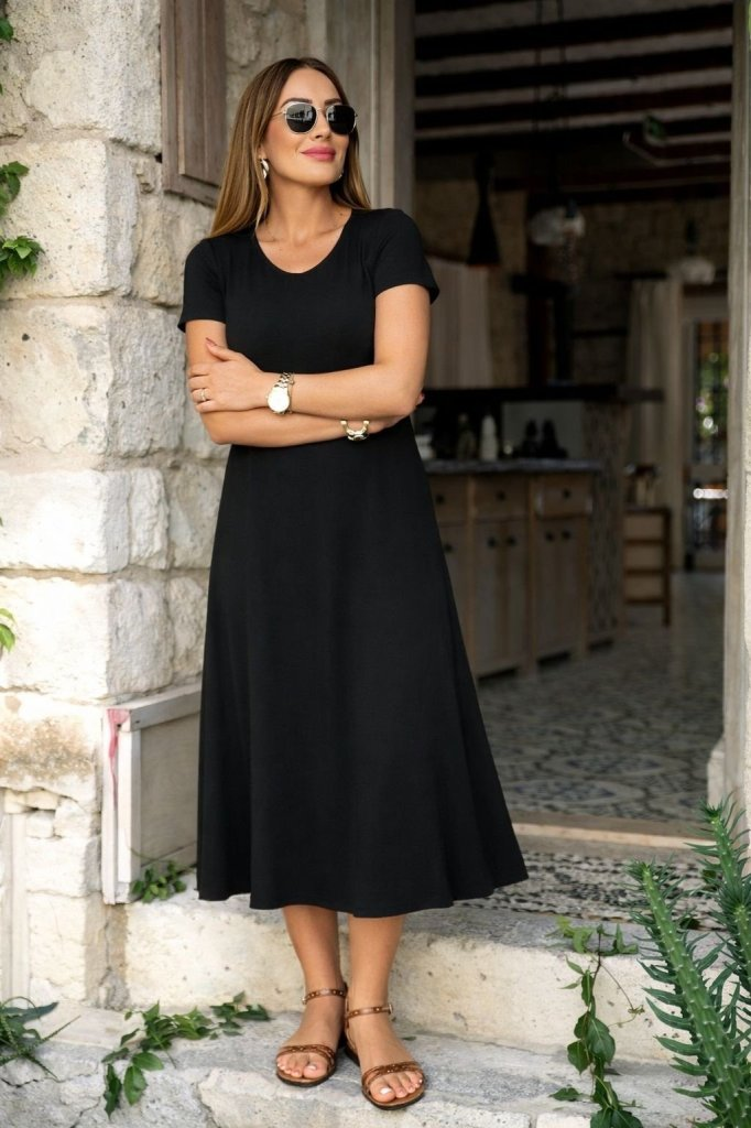 Kadın Kısa Kollu V Yakalı Yırtmaçlı Midi Viskon Elbise , 31951