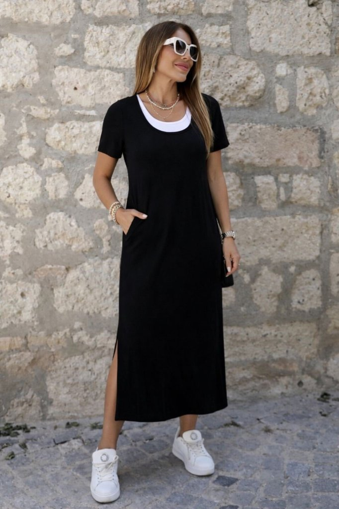 Kadın Kısa Kollu Içi Atlet Görünümlü Yandan Yırtmaçlı Uzun Viskon Elbise , 33409