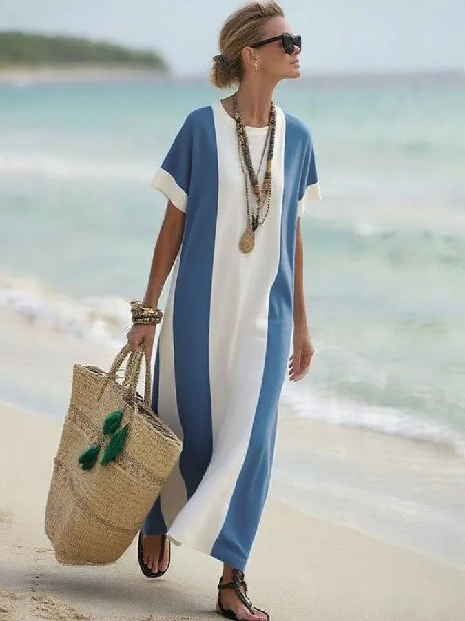 Kadın Kısa Kollu Bisiklet Yaka Uzun Süprem Elbise , 32115