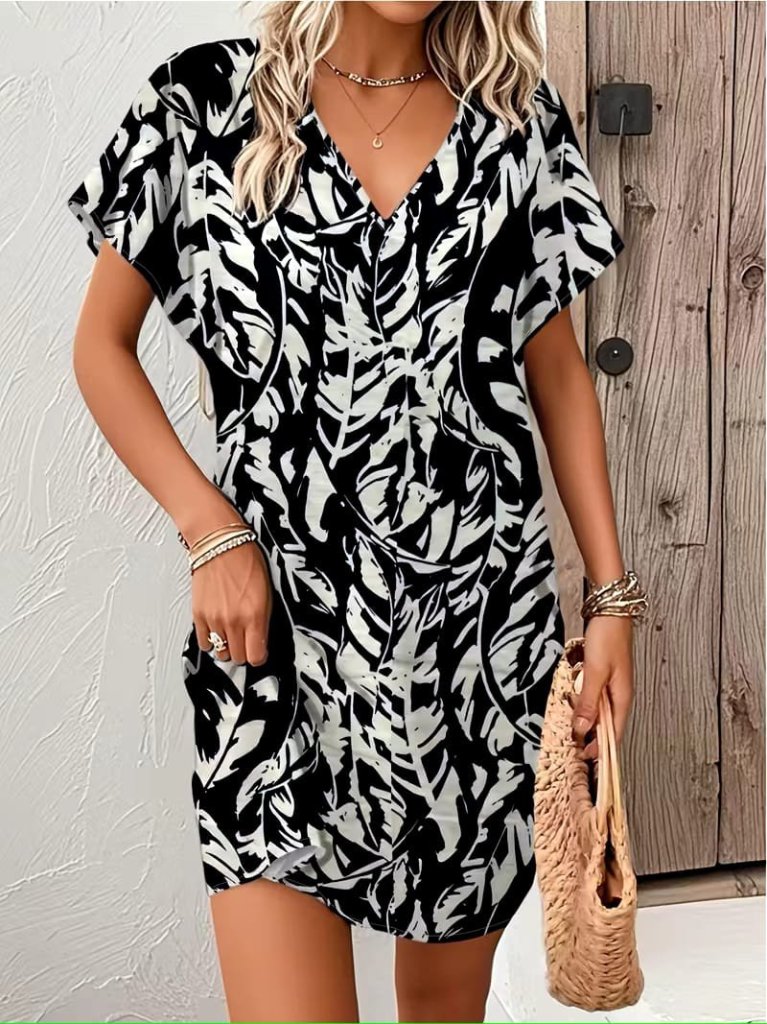 Kadın Kısa Yarasa Kollu V Yakalı Desenli Süprem Kısa Elbise , 32152