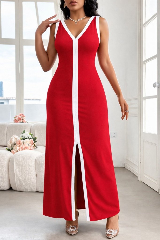 Kadın Askılı Derin V Yakalı Yırtmaç Detaylı Uzun Viskon Elbise , 32157