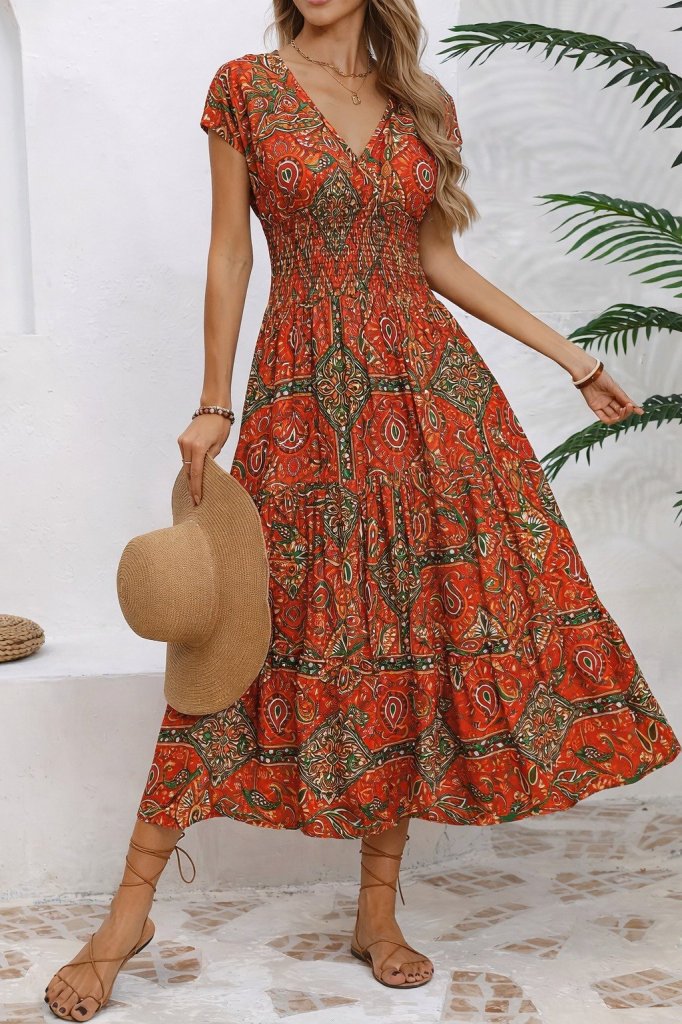 Kadın Kısa Kollu V Yakalı Beli Lastikli Uzun Süprem Elbise , 32213