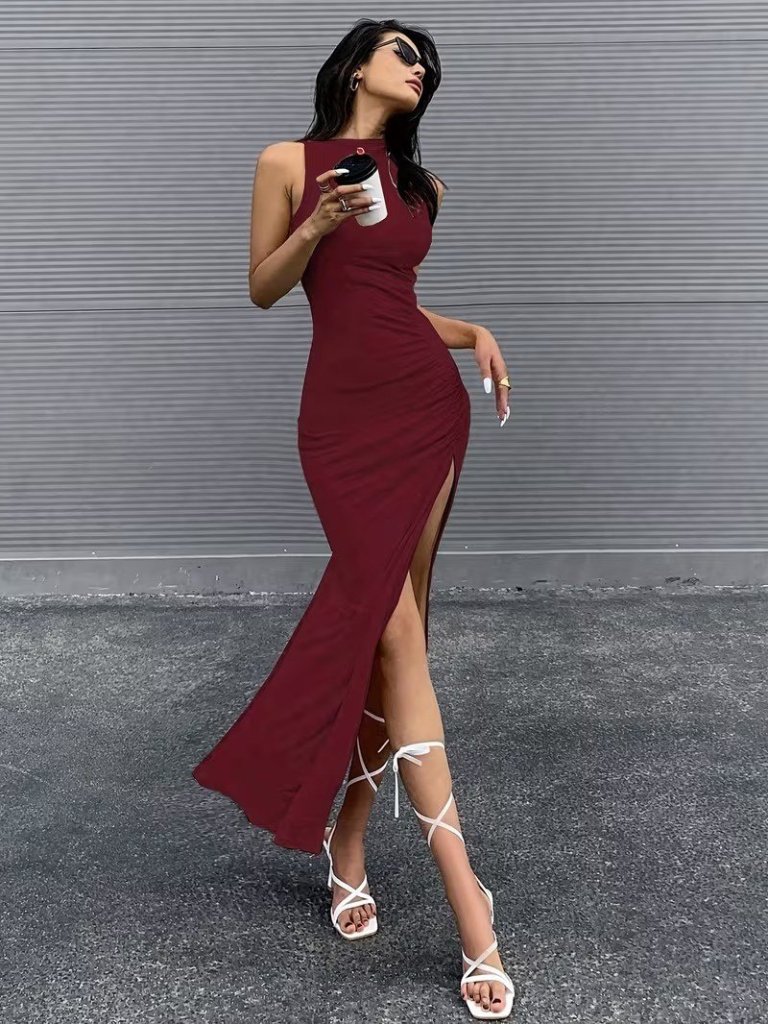 Kadın Omuzlardan Acık Yandan Buzgulu Yırtmaçlı Uzun Dalgıç Elbise, 32219