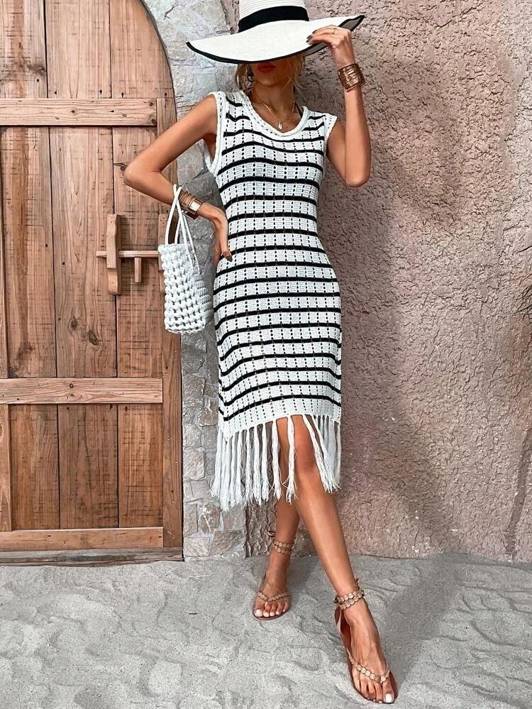 Kadın Kolsuz V Yaka Eteği Püsküllü çizgi Desen Triko Elbise, 23679