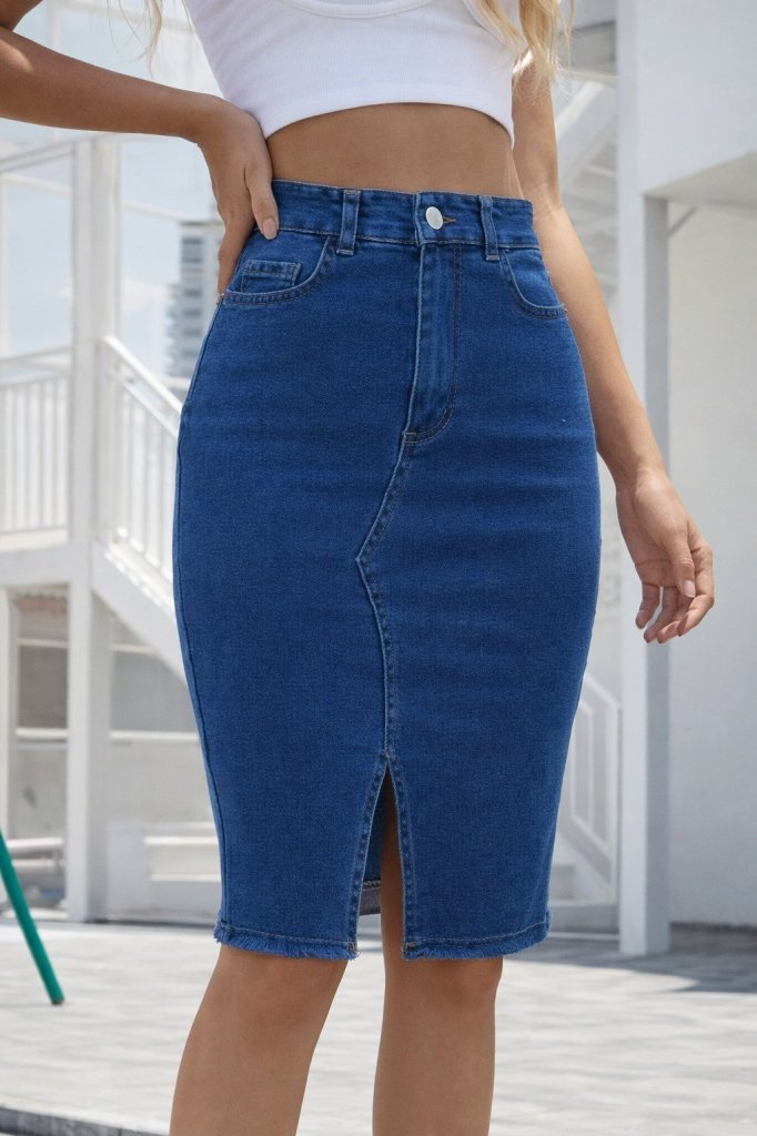 Kadın Yüksek Bel önden Yırtmaçlı Kısa Kot Etek, 32263