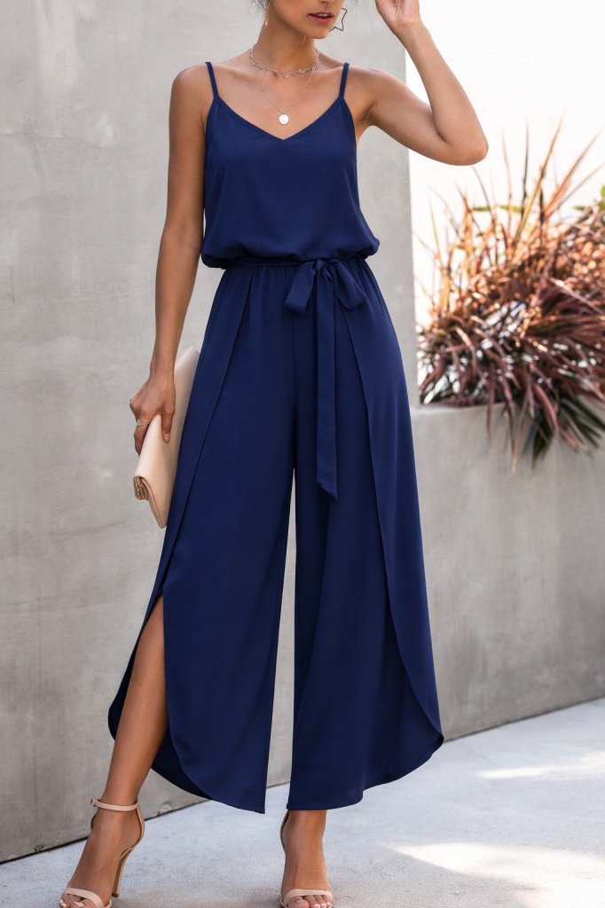 Kadın Ip Askılı V Yakalı Belden Kuşaklı Yandan Yırtmaçlı Uzun Aerobin Tulum , 32272