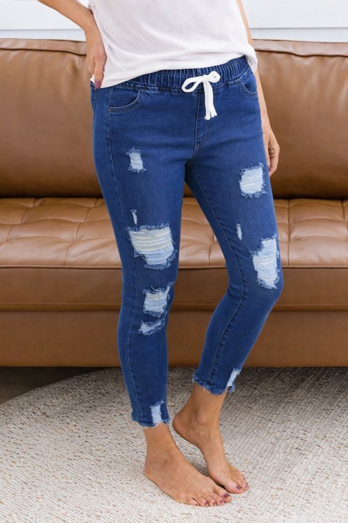 Kadın Yüksek Bel Beli Bağcıklı önden Yırtık Desenli Kot Pantolon , 32294