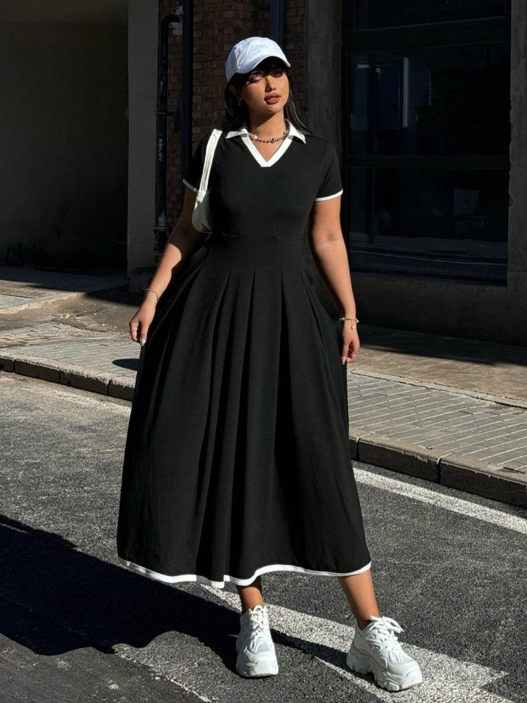 Kadın Kısa Kollu V Yakalı Pileli Uzun Janjan Krep Elbise , 32818