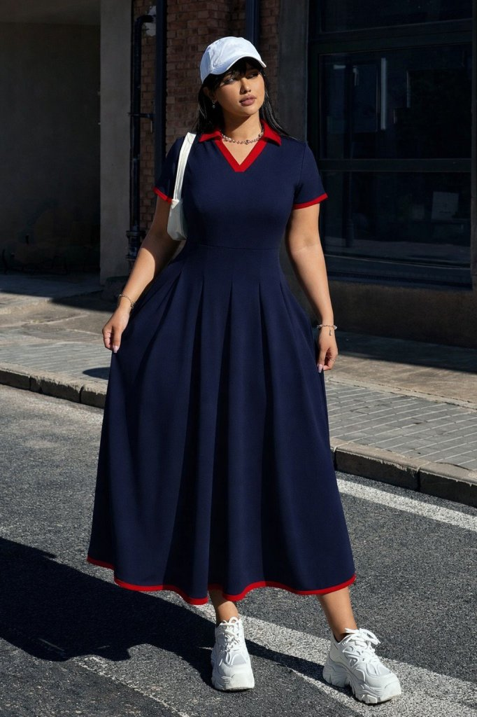 Kadın Kısa Kollu V Yakalı Pileli Uzun Janjan Krep Elbise , 32819