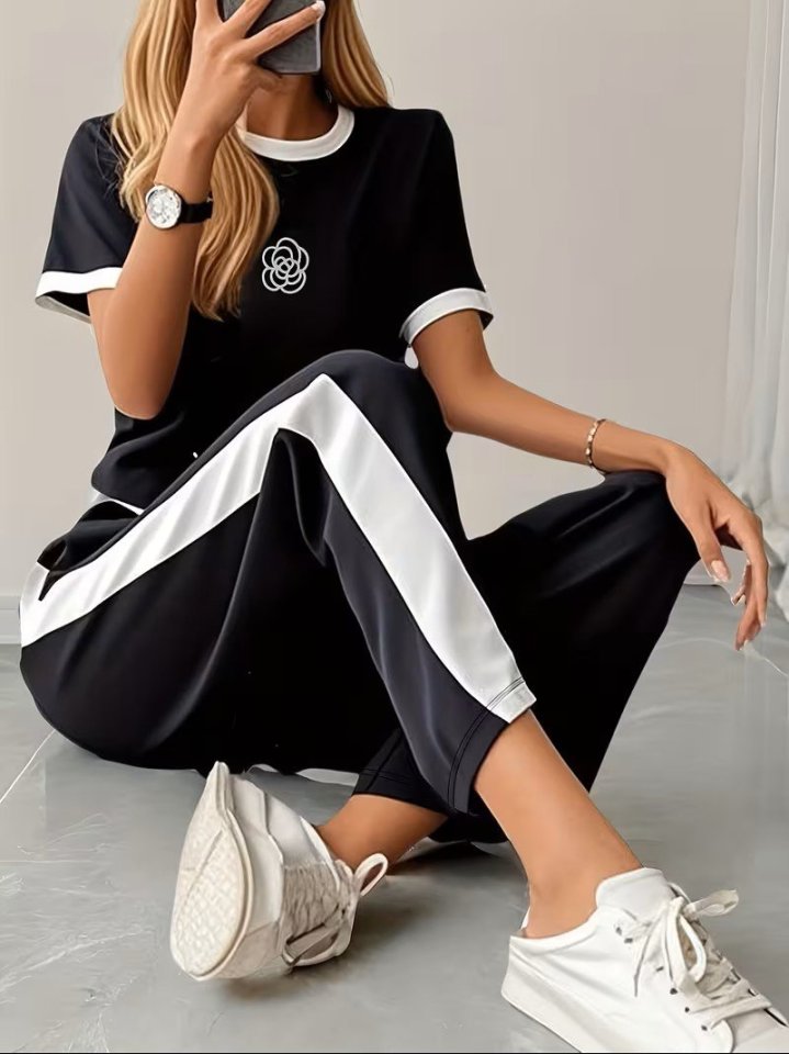 Kadın Kısa Kollu Bisiklet Yaka Viskon Iki Iplik Bluz Ve Pantolon Ikili Takım , 33286