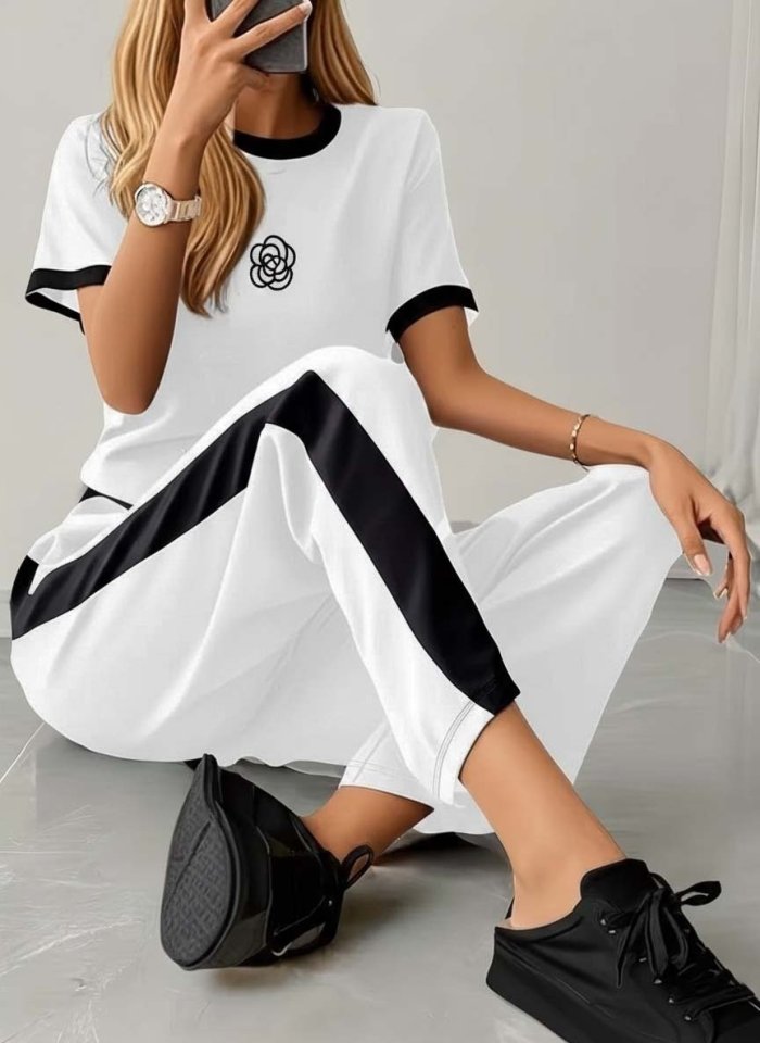 Kadın Kısa Kollu Bisiklet Yaka Viskon Iki Iplik Bluz Ve Pantolon Ikili Takım , 32363