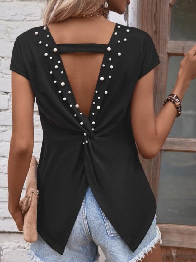 Kadın Kısa Kollu Sırttan Açık Inci Detaylı Viskon Bluz , 32413