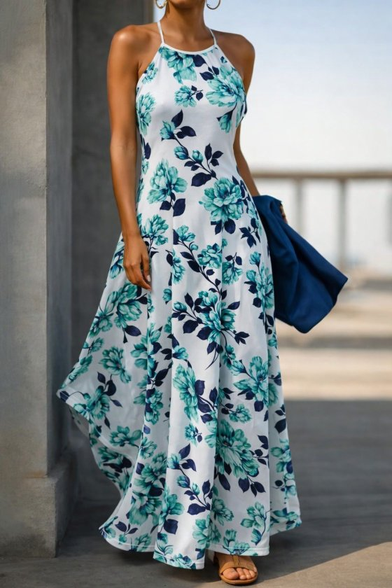 Kadın Omuzlardan Açık Ip Askılı Desenli Uzun Süprem Elbise , 32414