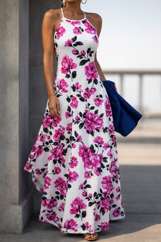 Kadın Omuzlardan Açık Ip Askılı Desenli Uzun Süprem Elbise , 32416