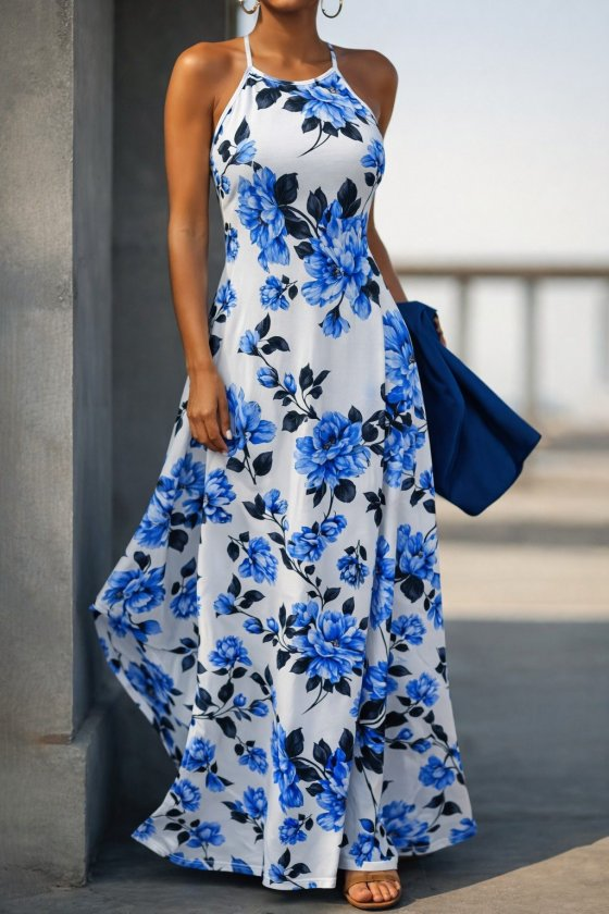 Kadın Omuzlardan Açık Ip Askılı Desenli Uzun Süprem Elbise , 32417