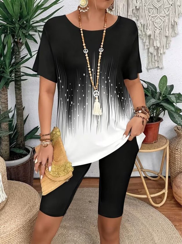 Kadın Kısa Kollu Bisiklet Yaka Desenli Dalgıç Bluz Ve Tayt Ikili Takım , 32432