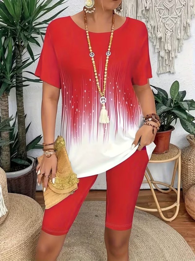 Kadın Kısa Kollu Bisiklet Yaka Desenli Dalgıç Bluz Ve Tayt Ikili Takım , 32434