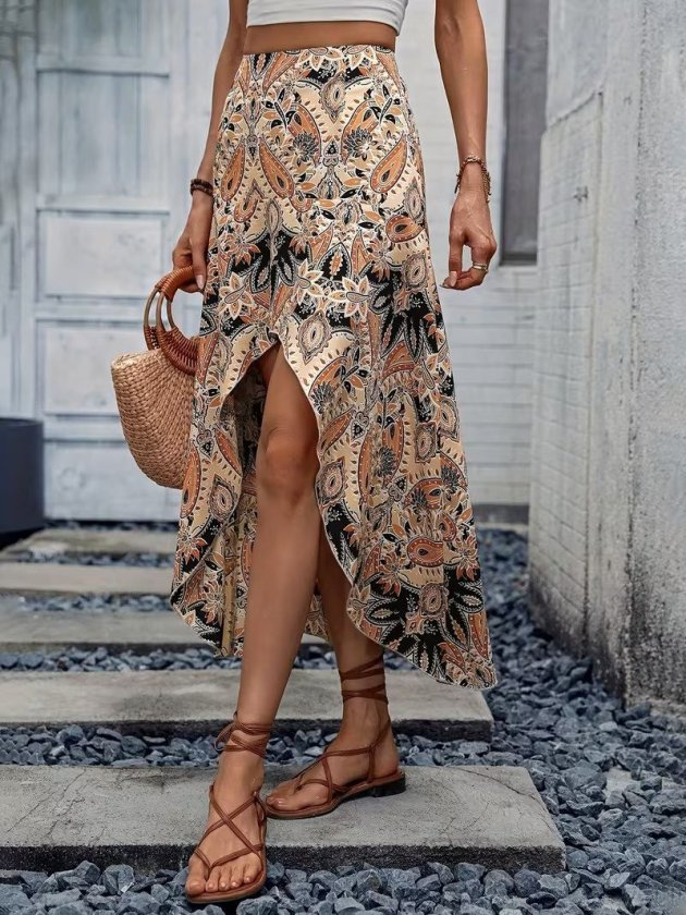 Kadın Yüksek Bel çiçek Desenli önü Asimetrik Detaylı Uzun Süprem Etek, 32465