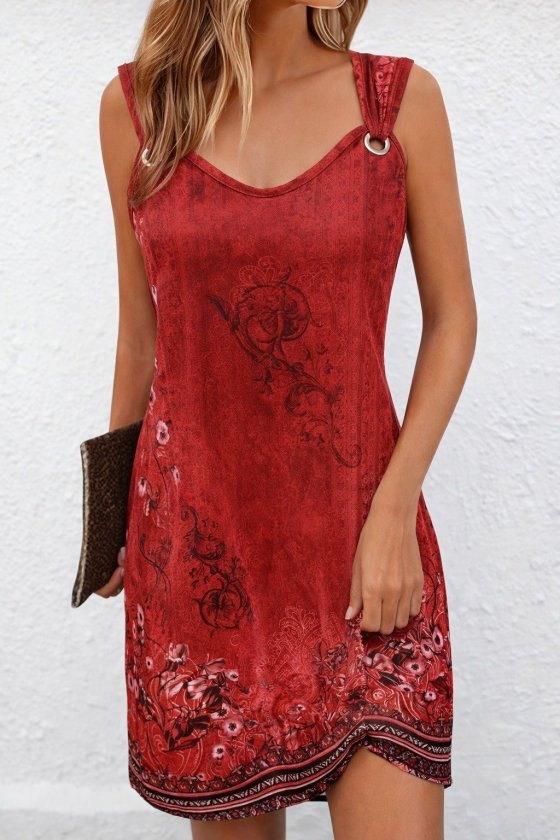 Kadın Askılı V Yakalı Kuş Gözü Detaylı Desenli Kısa Süprem Elbise, 32542