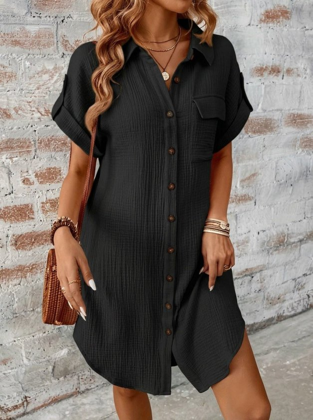 Kadın Kısa Kollu Yakalı önden Düğmeli Bürümcük Kısa Elbise, 32588