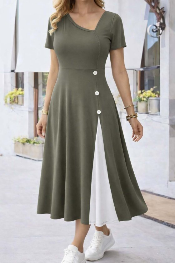 Kadın Kısa Kollu Asimetrik Yakalı Düğme Detaylı Midi Viskon Elbise , 33234