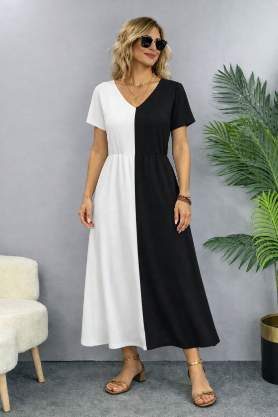 Kadın Kısa Kollu V Yakalı çift Renkli Viskon Midi Elbise , 32605