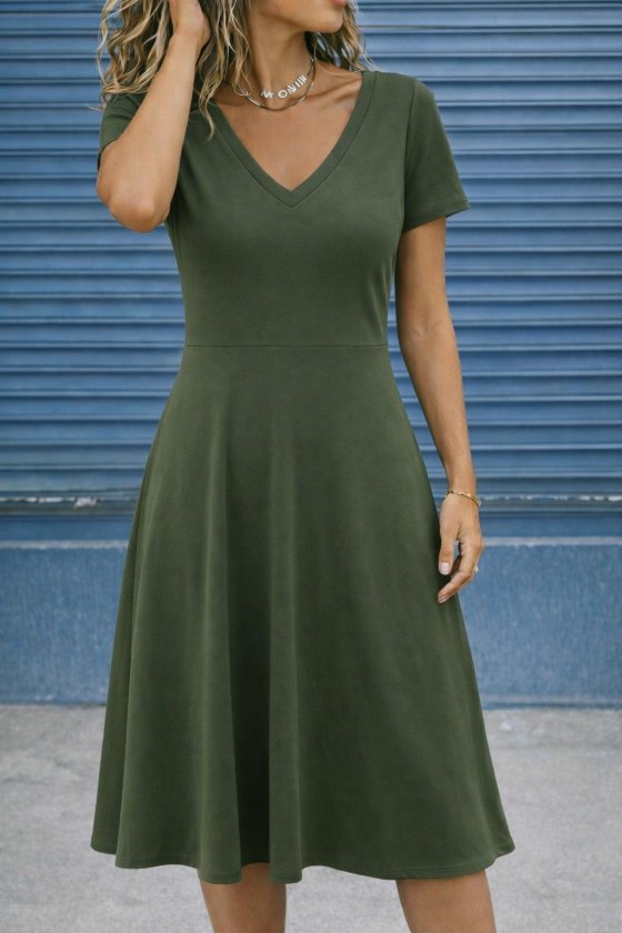 Kadın Kısa Kollu V Yakalı Kiloş Midi Viskon Elbise , 32608