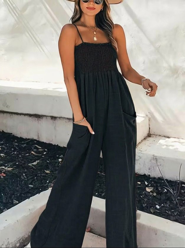 Kadın Ip Askılı Göğsü Lastik Detaylı Cepli Uzun Tulum, 32653