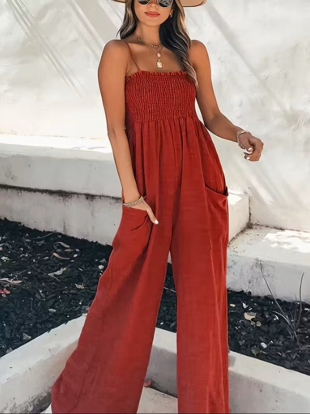 Kadın Ip Askılı Göğsü Lastik Detaylı Cepli Uzun Tulum, 32655