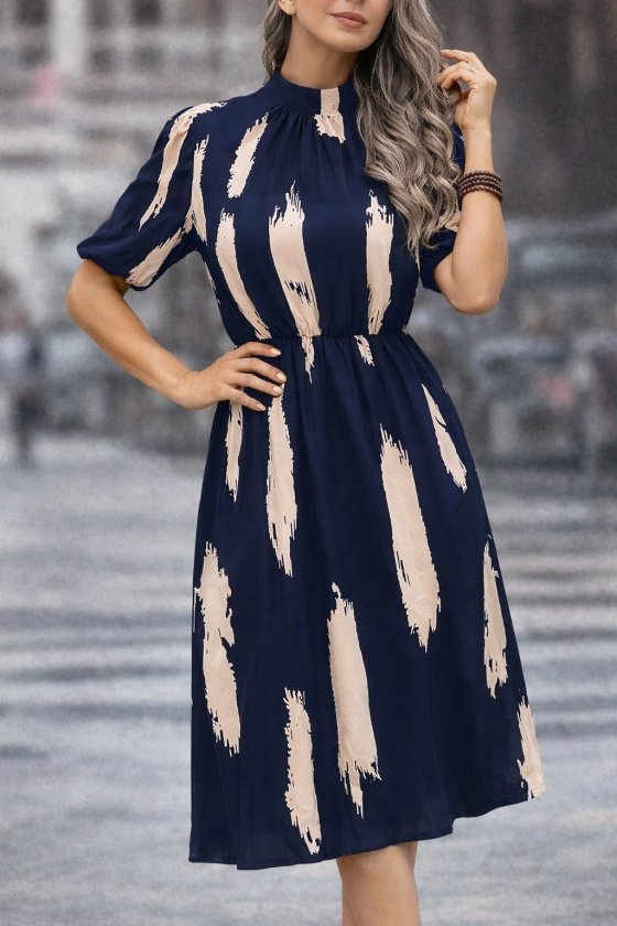 Kadın Kısa Kollu Yarı Balıkçı Yaka Ceplı Desenli Midi Elbise, 32694