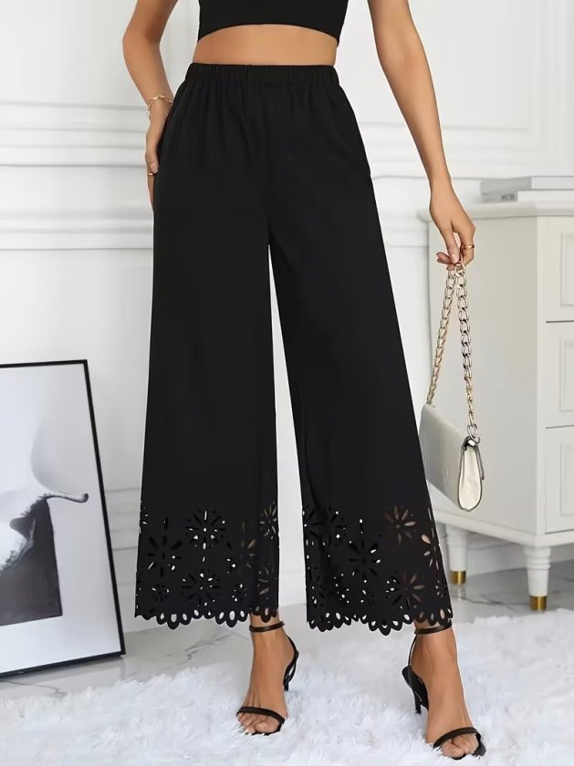 Kadın Yüksel Bel Beli Lastıklı çiçek Desenli Lazer Kesım Detaylı Ithal Krep Pantolon, 32704