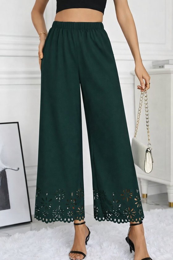 Kadın Yüksel Bel Beli Lastıklı çiçek Desenli Lazer Kesım Detaylı Ithal Krep Pantolon, 32706