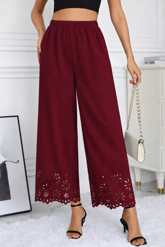 Kadın Yüksel Bel Beli Lastıklı çiçek Desenli Lazer Kesım Detaylı Ithal Krep Pantolon, 32707