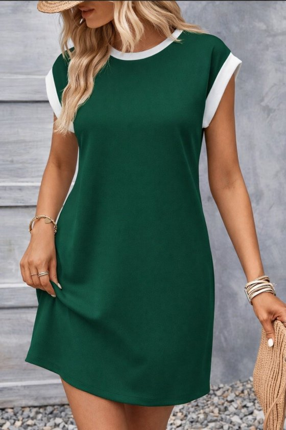 Kadın Kısa Kollu Yuvarlak Yakalı Kontrast Manset Detaylı Kısa Janjan Krep Elbise, 32767