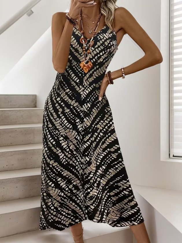 Kadın Ip Askılı V Yakalı Desenli Uzun Süprem Elbise, 32774