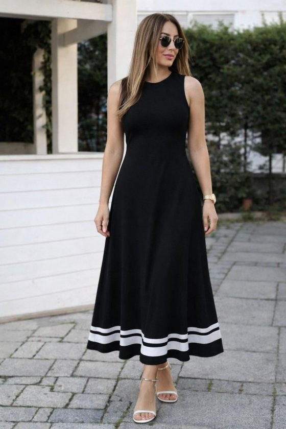 Kadın Askılı Yuvarlak Yakalı Etek Ucu şerit Detaylı Uzun Viskon Elbise, 32803