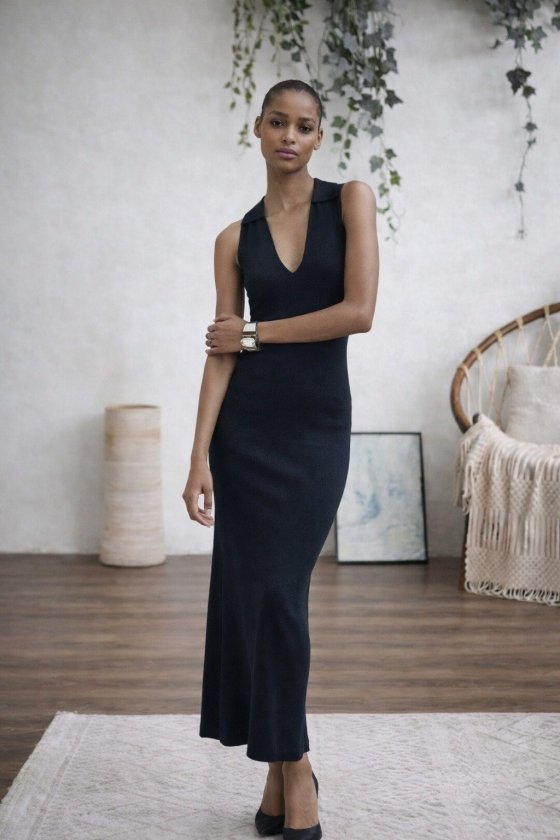 Kadın Kolsuz V Yakalı Uzun Triko Elbise, 32821