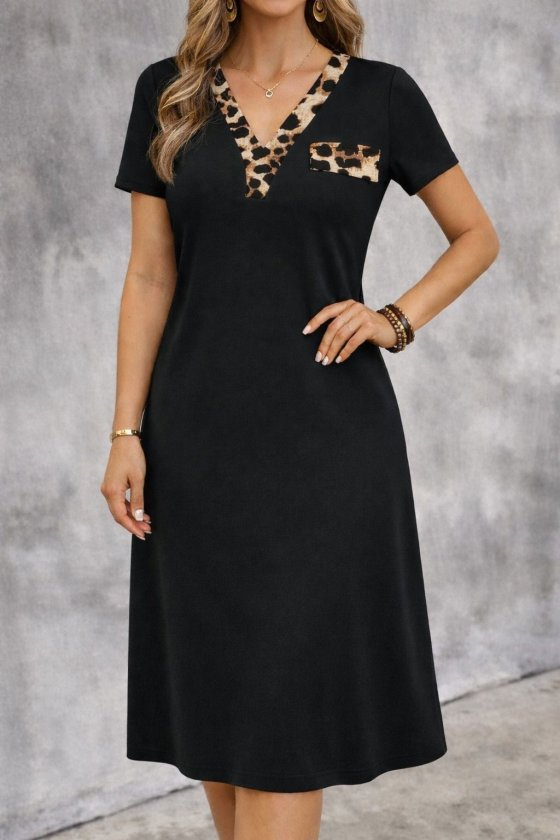 Kadın Kısa Kollu V Yakalı Süs Cep Detaylı Midi Viskon Elbise, 32847